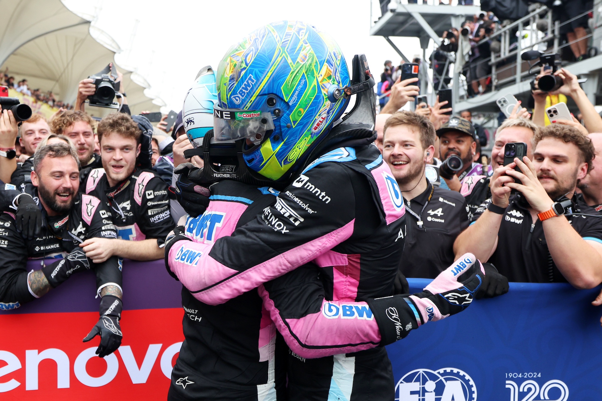 SAO PAULO, BRAZIL - NOVEMBER 03: Second placed Esteban Ocon of France and Alpine F1 and Third placed Pierre Gasly of France and Alpine F1 celebrate in parc ferme during the F1 Grand Prix of Brazil at Autodromo Jose Carlos Pace on November 03, 2024 in Sao Paulo, Brazil. (Photo by Lars Baron - Formula 1/Formula 1 via Getty Images)