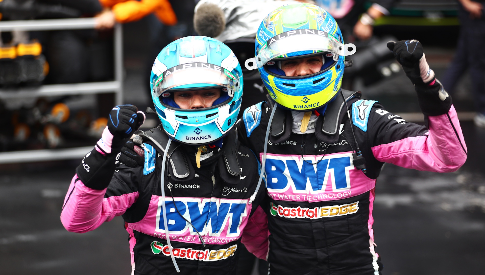 SAO PAULO, BRAZIL - NOVEMBER 03: Second placed Esteban Ocon of France and Alpine F1 and Third placed Pierre Gasly of France and Alpine F1 celebrate in parc ferme during the F1 Grand Prix of Brazil at Autodromo Jose Carlos Pace on November 03, 2024 in Sao Paulo, Brazil. (Photo by Peter Fox - Formula 1/Formula 1 via Getty Images)