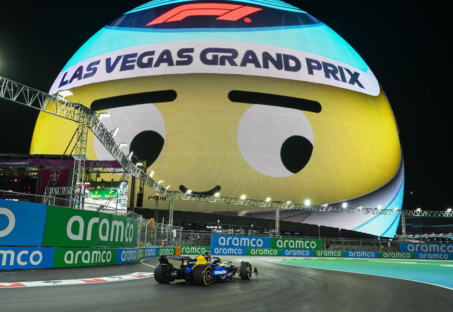 LAS VEGAS, UNITED STATES - NOVEMBER 21: The Sphere is seen in the background as drivers compete in qualifying for the first practice session of the Formula 1 Grand Prix of Las Vegas at the Las Vegas Strip on November 21, 2024. in Las Vegas, Nevada, US state. (Photo by Tayfun Coskun/Anadolu via Getty Images)