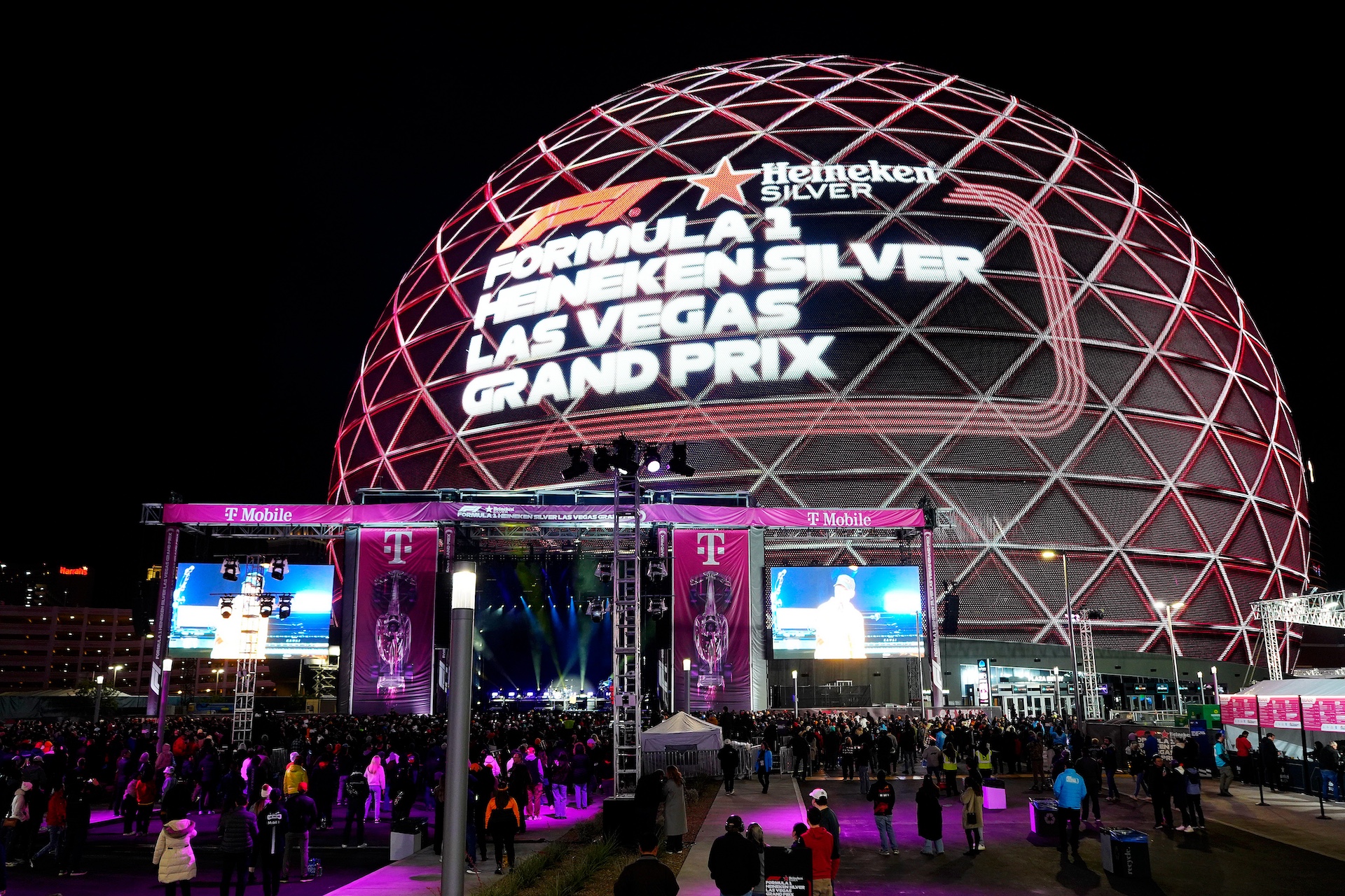 LAS VEGAS, NEVADA - NOVEMBER 21: A general view of the crowd watching OneRepublic perform on stage with the Sphere seen in the background before the F1 Grand Prix on November 21, 2024 in Las Vegas. in Las Vegas, Nevada. (Photo by Luis Grasso - Formula 1/Formula 1 via Getty Images)