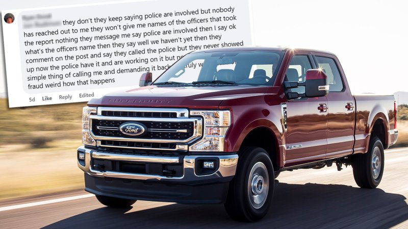 2020 F-250 Lariat Ultimate in Rapid Red with Facebook comment in behind it.