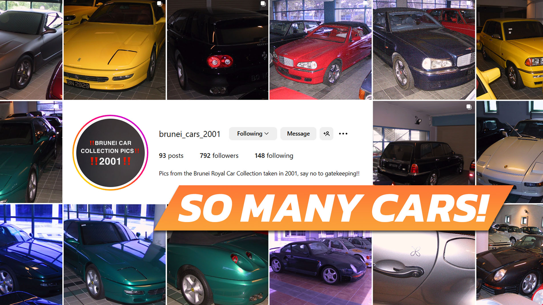 A screenshot of an Instagram account viewed on desktop showcasing thumbnail images of the Sultan of Brunei's car collection, with text superimposed that says "So Many Cars!"