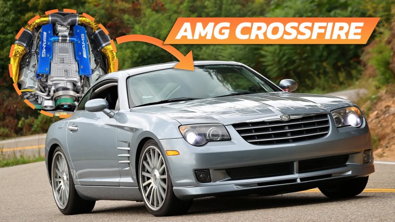 Neil Emiro's Chrysler Crossfire powered by an AMG V8, with the V8 pictured and the text "AMG CROSSFIRE" above.