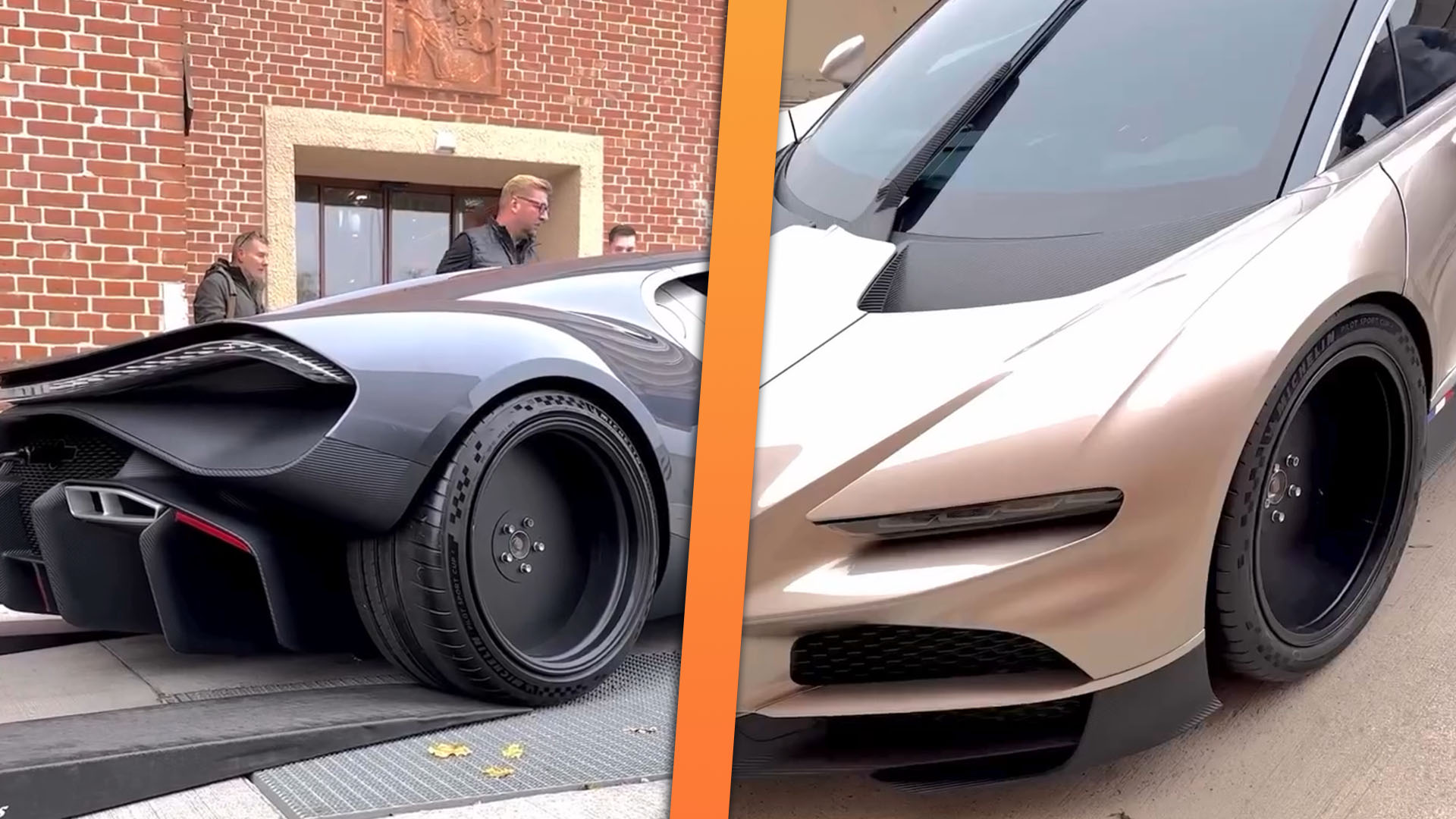 Side-by-side images of Bugatti Tourbillon front and rear quarter with steel wheels used for transport.