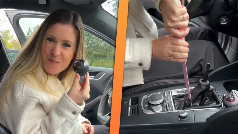 Woman eating an Audi shifter knob that is actually cake, next to an image of her cutting into the shifter booth that is also cake with a knife.