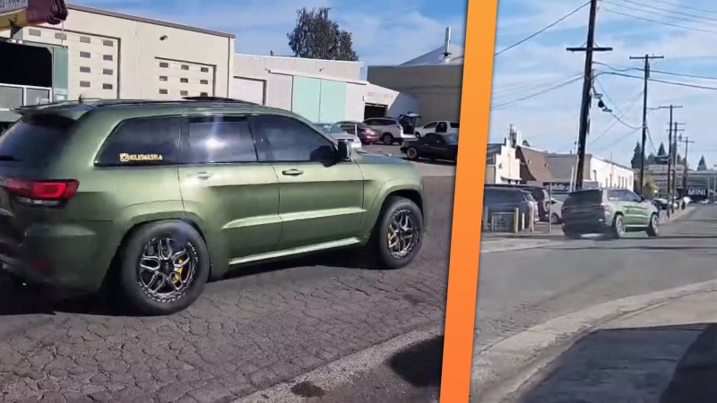 Side-by-side images of a highly tuned green Jeep Trackhawk launching, and then a shot of it swerving to avoid a pole.