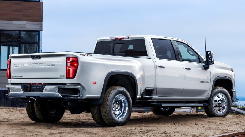 Chevrolet Silverado in white, rear three quarter view