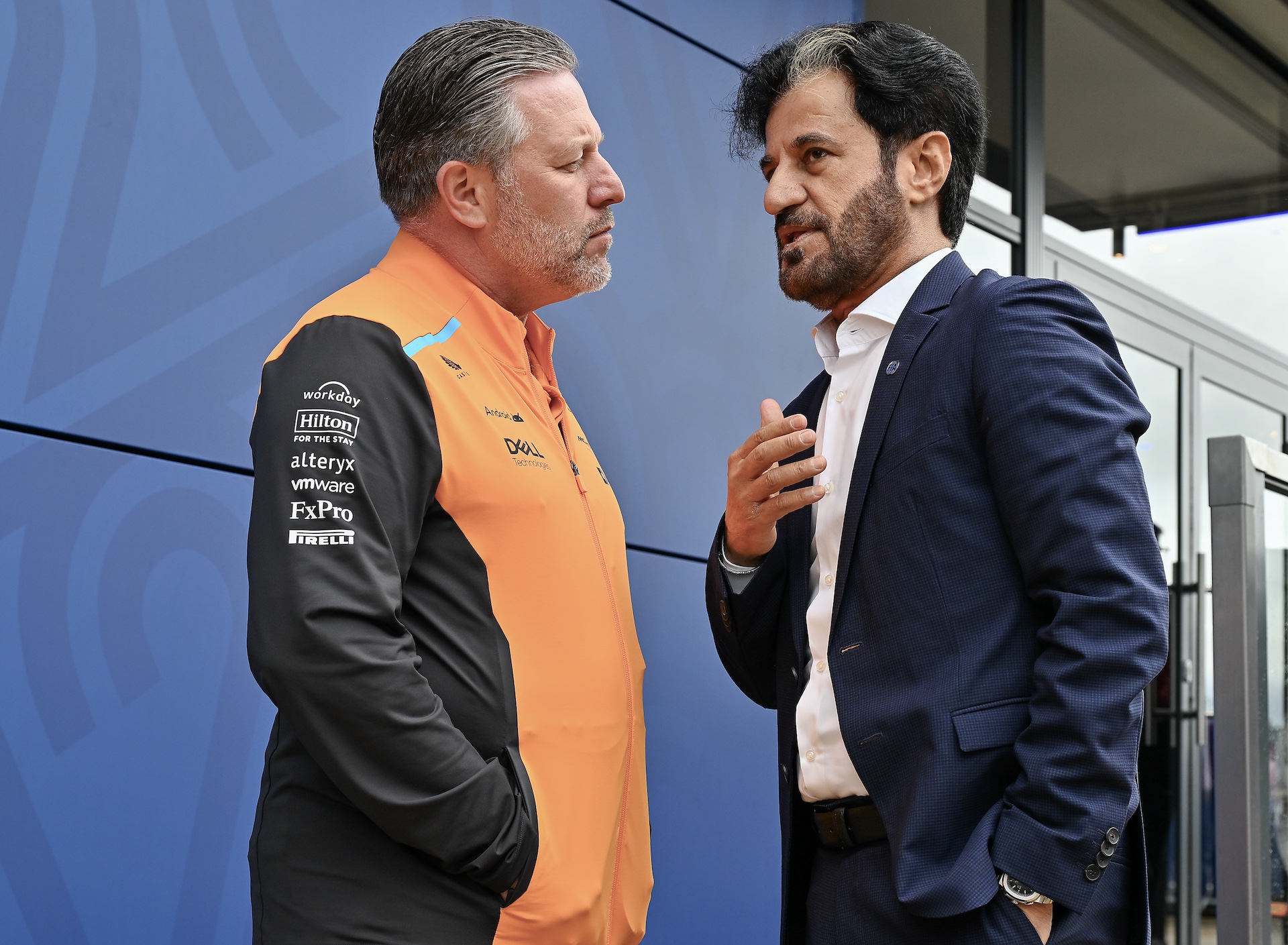 NORTHAMPTON, ENGLAND - JULY 6: Zak Brown of USA and McLaren F1 Team and Mohammed Ben Sulayem of UAE and FIA President during qualifying ahead of the F1 Grand Prix of Great Britain at Silverstone Circuit on July 6, 2024 in Northampton, England.(Photo by Vince Mignott/MB Media/Getty Images)