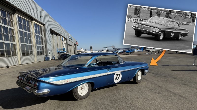 A picture of Dan Gurney's Chevy Impala, with another vintage picture of it racing superimposed.