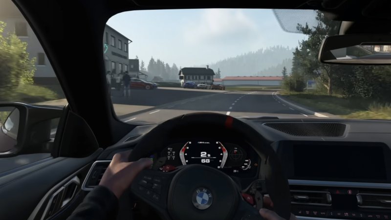 In-car view screenshot of Assetto Corsa Evo.