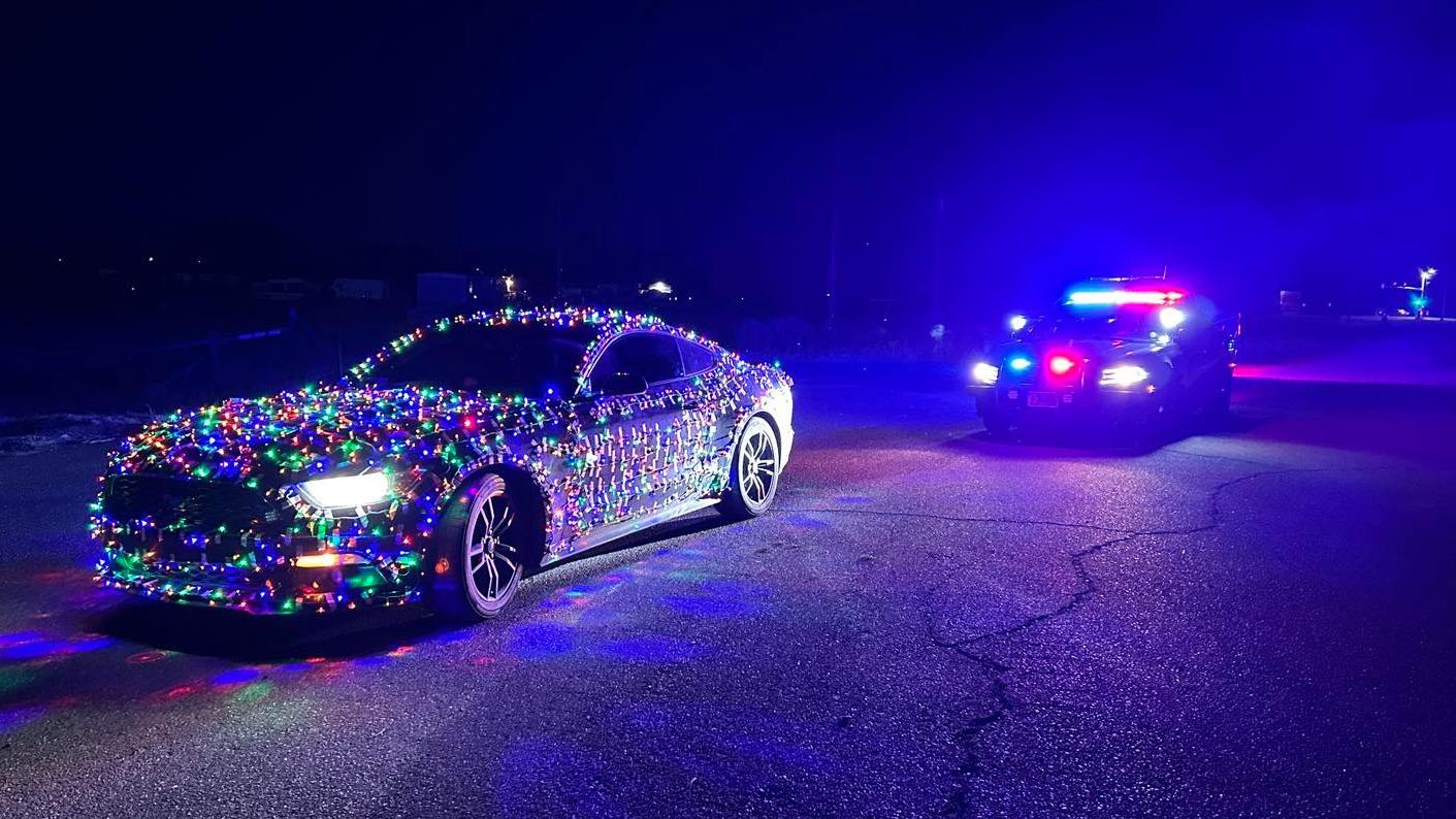 Christmas lights on a Ford Mustang