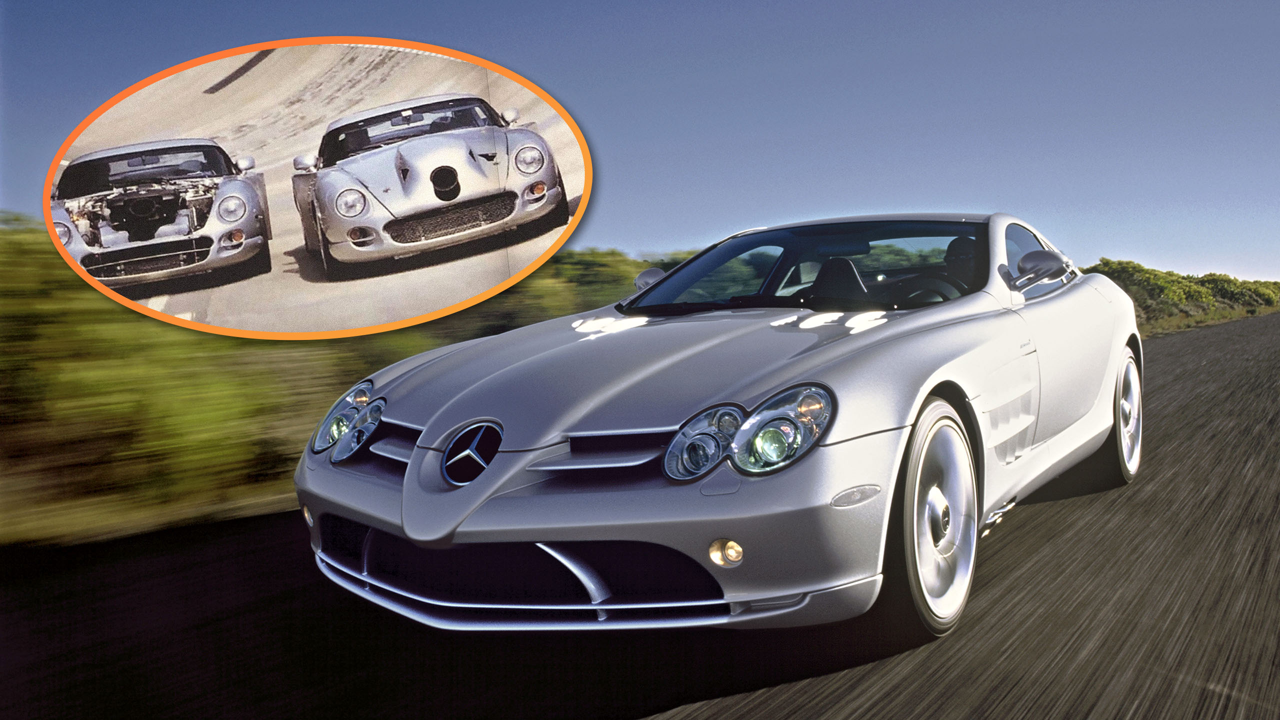 Mercedes-Benz SLR McLaren, silver, driving shot, front view, with TVR test mules pictured alongside.