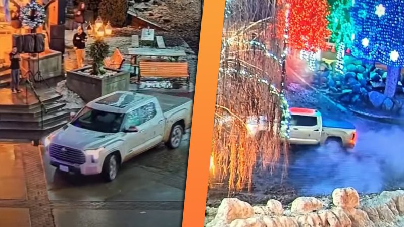 Side-by-side images of man doing donuts in Toyota Tundra in Christmas village display.