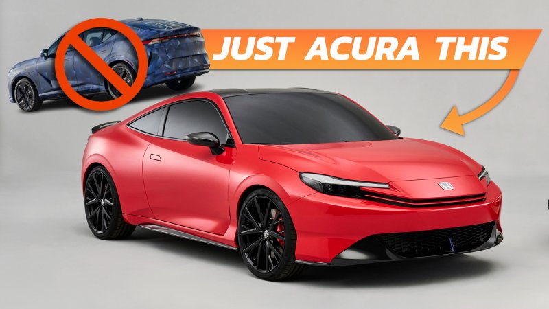 Acura RSX EV crossed out, with the phrase "Just Acura This" and an arrow to the new Honda Prelude hybrid.