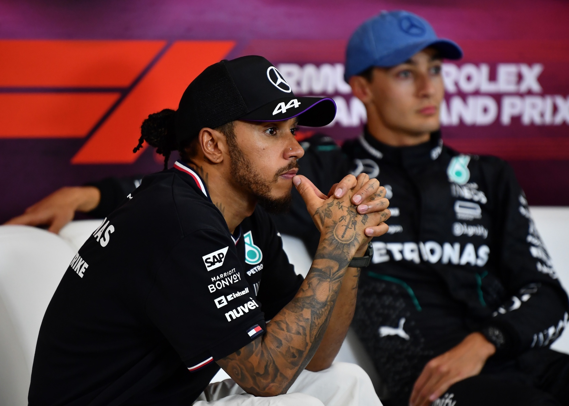 SPA, BELGIUM - JULY 28: Second placed finisher, later promoted to Race winner Lewis Hamilton of Great Britain and Mercedes attends the post race press conference after the F1 Grand Prix of Belgium at Circuit de Spa-Francorchamps on July 28, 2024 in Spa, Belgium. (Photo by James Sutton/Getty Images)