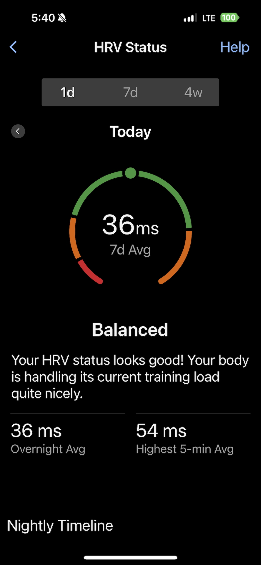 garmin connect app showing one day hrv status