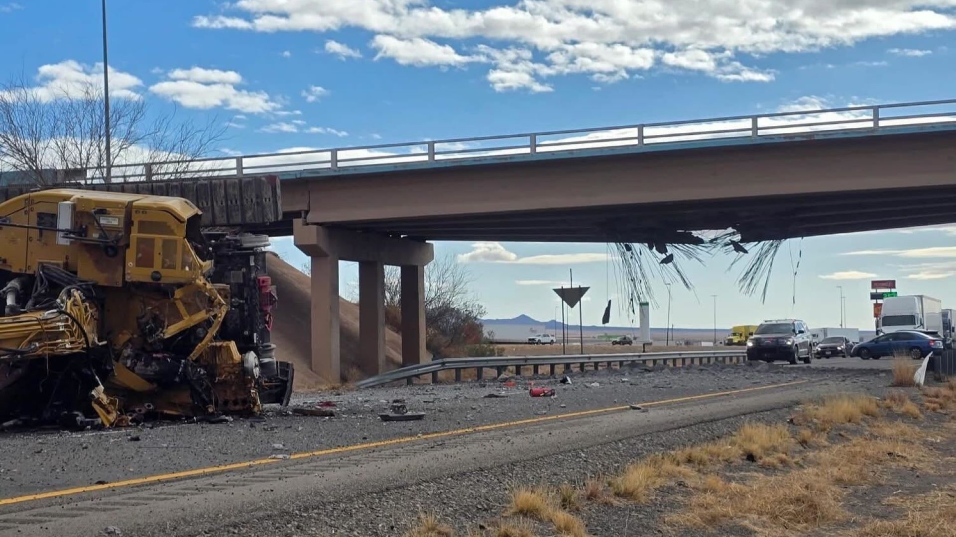 Excavator on Trailer Decimates Highway Overpass at Interstate Speeds