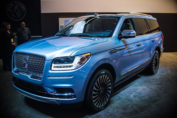 A blue Lincoln Navigator on display during the North American International Auto Show in Michigan.