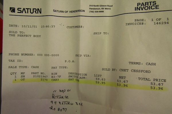 1998 Saturn SL2 1:18 Die-Cast Model Invoice