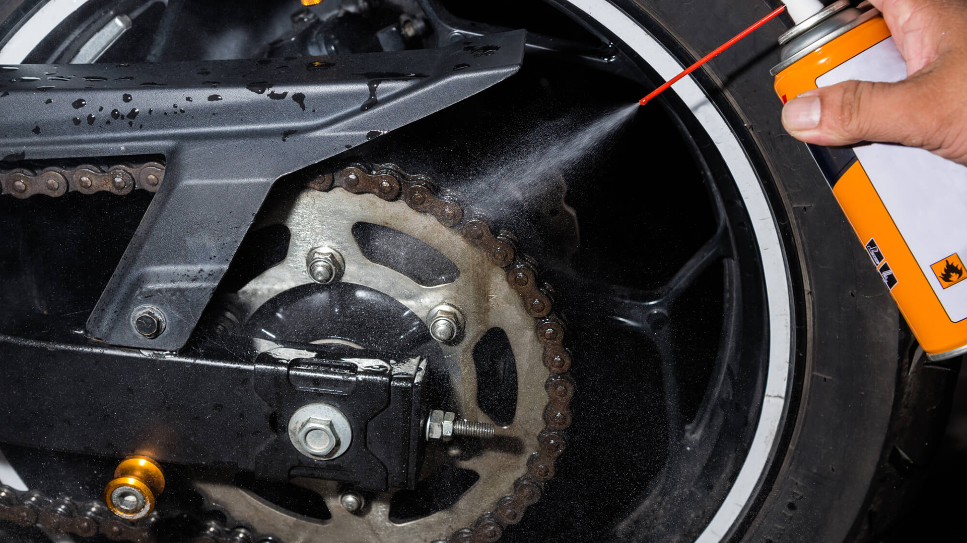 Lubricant is key to keeping the motorcycle chain running smoothly and quietly.