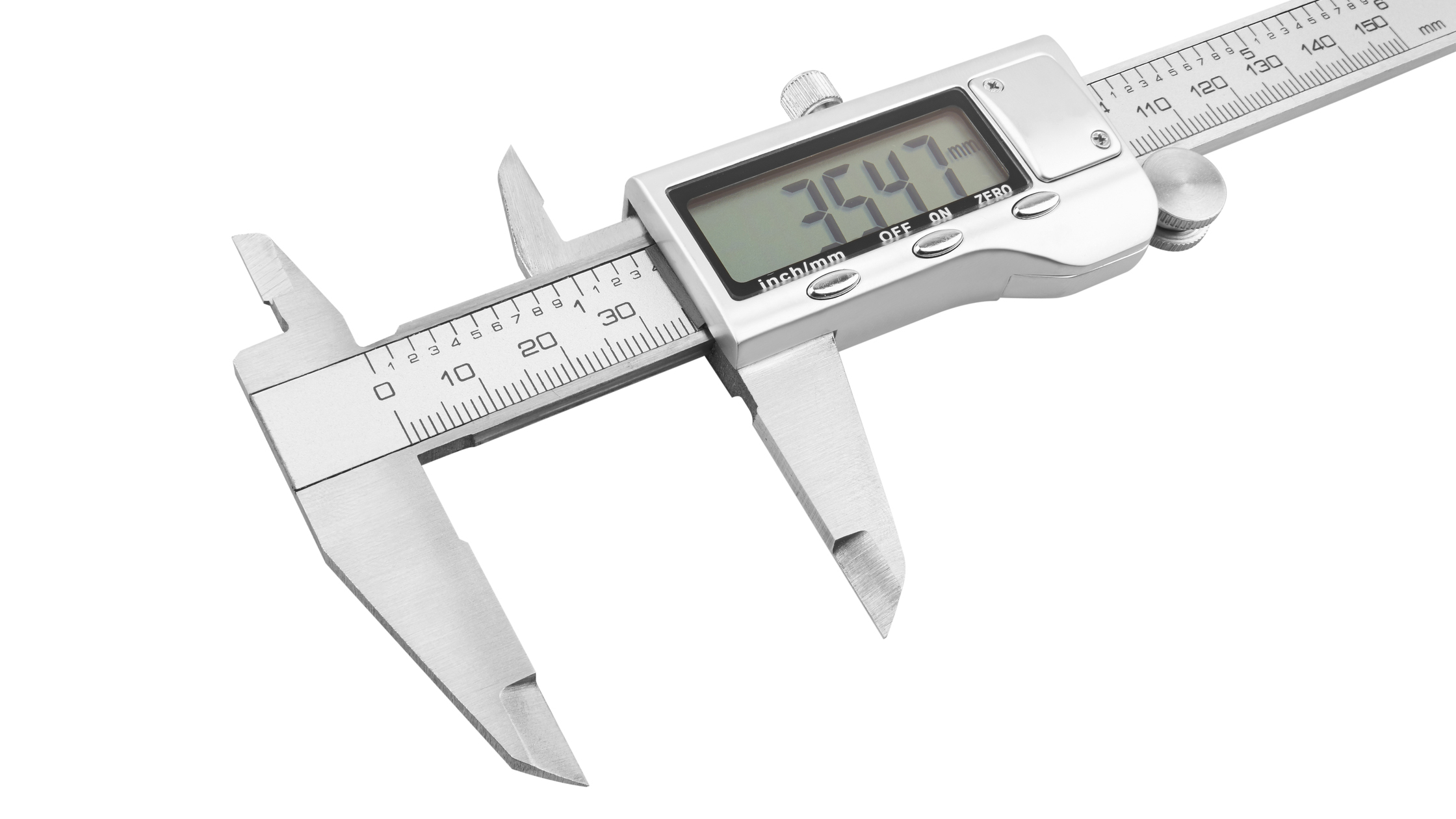 A digital caliper on a white background.