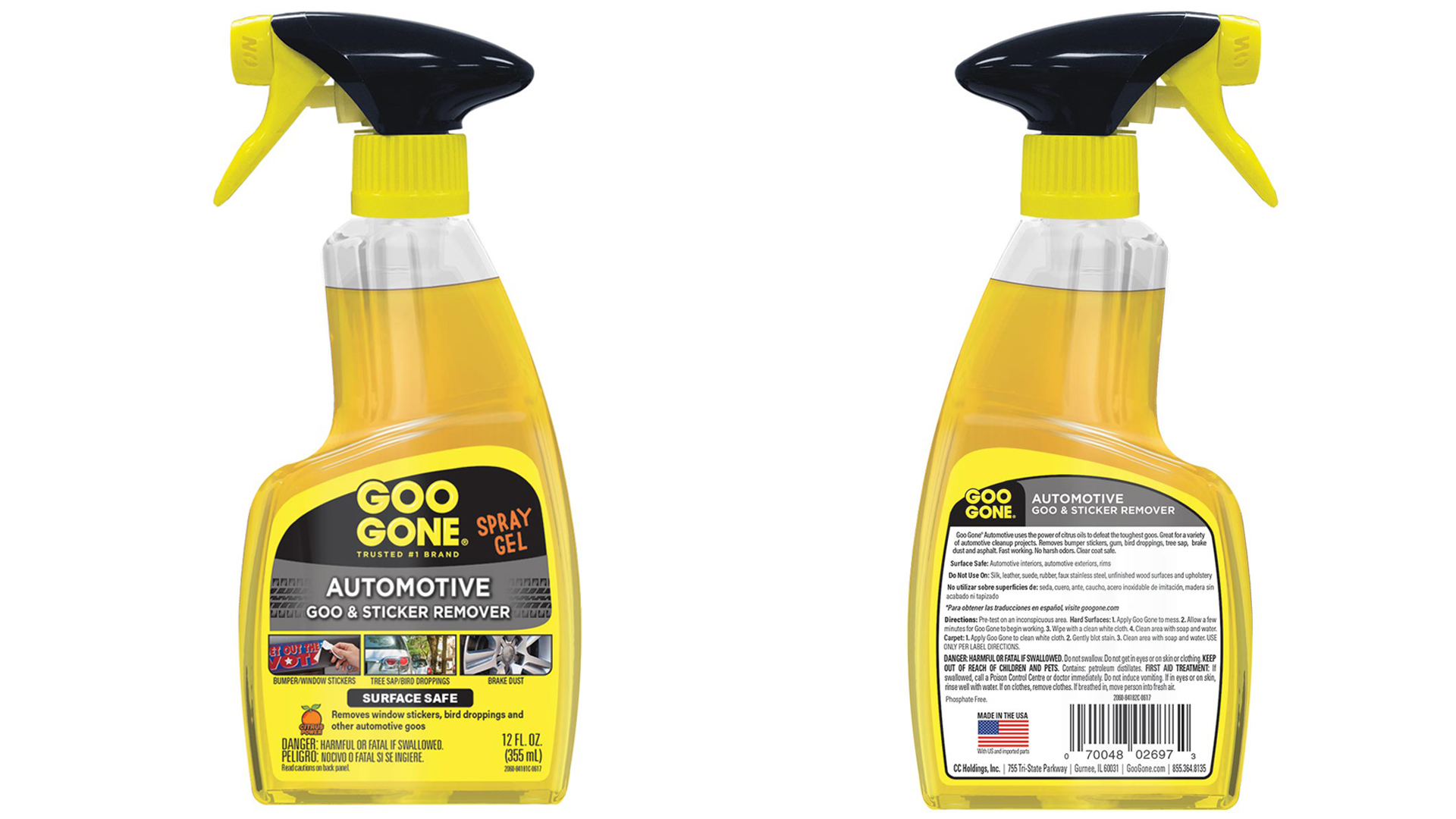 A bottle of Goo Gone Automotive on a white backdrop.