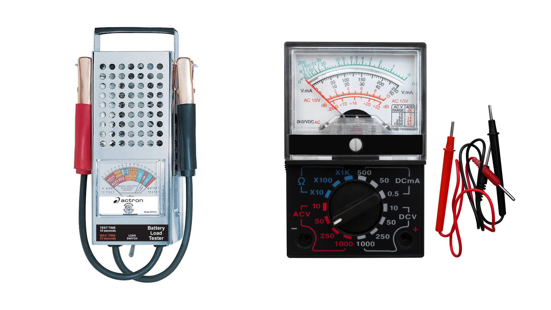 A battery load tester and a multimeter on a white backdrop.