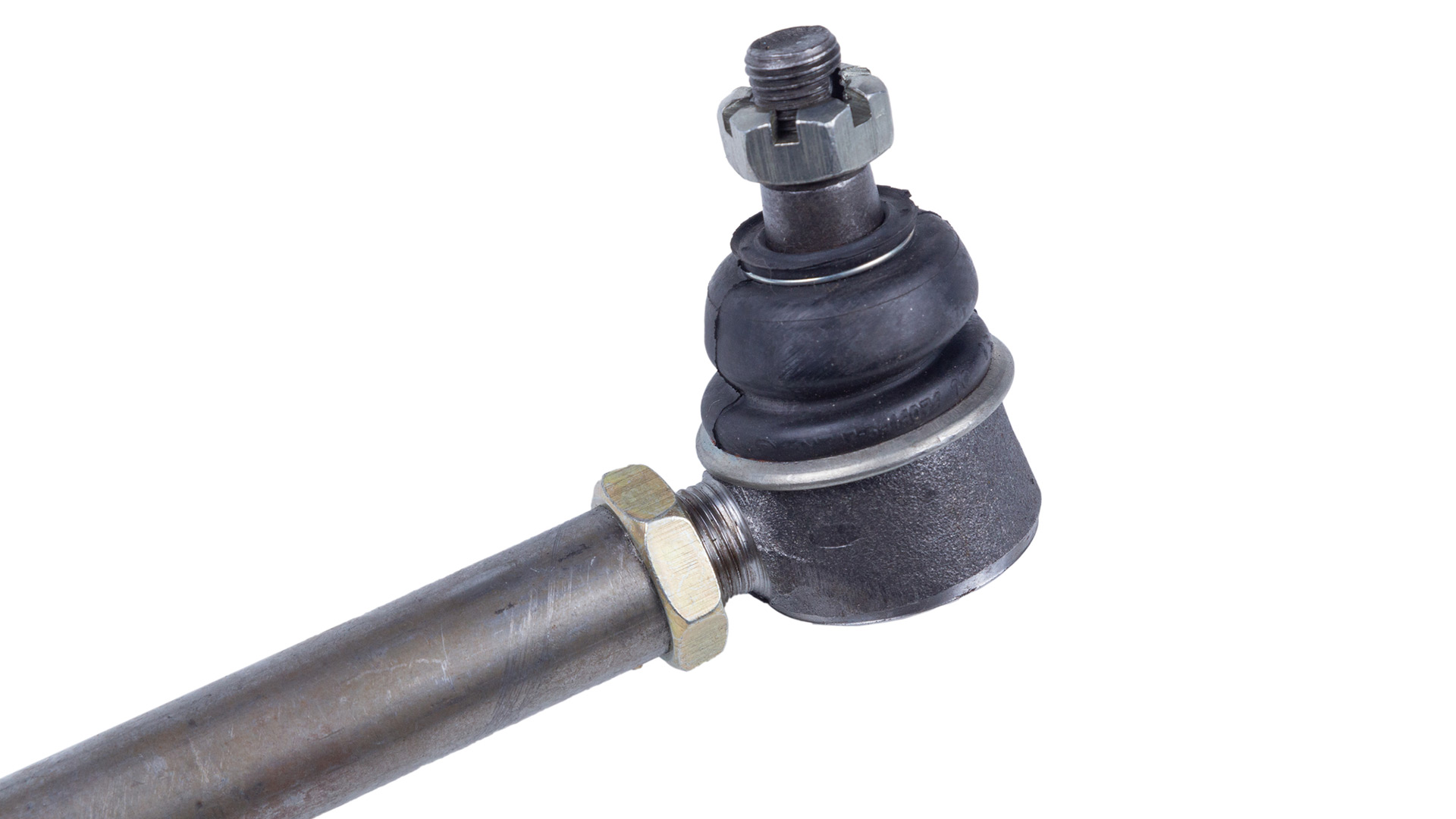 A tie rod end on a white backdrop.