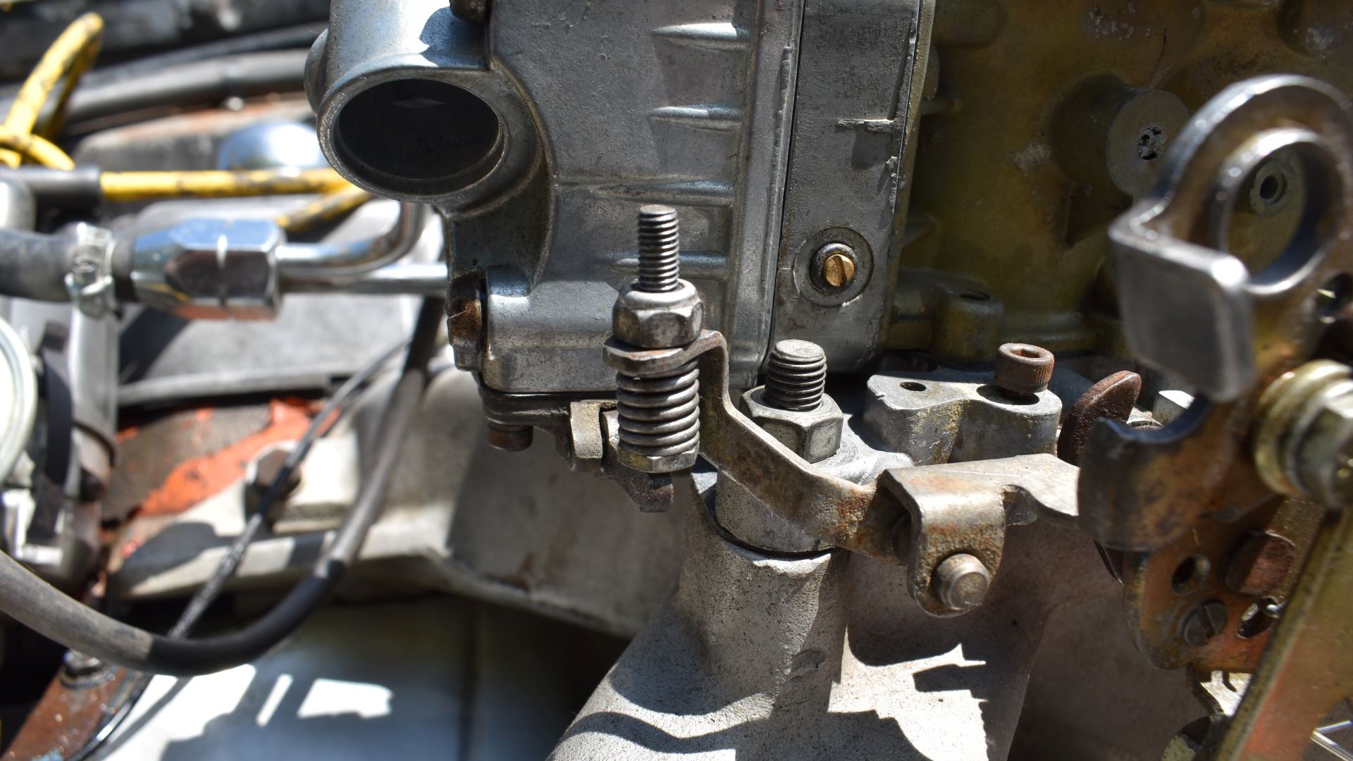 A close-up of a Holley carburetor on a 1969 Dodge Charger.