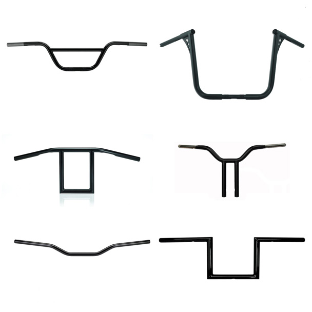 Six different styles of black motorcycle handlebars, some with risers, some not. 