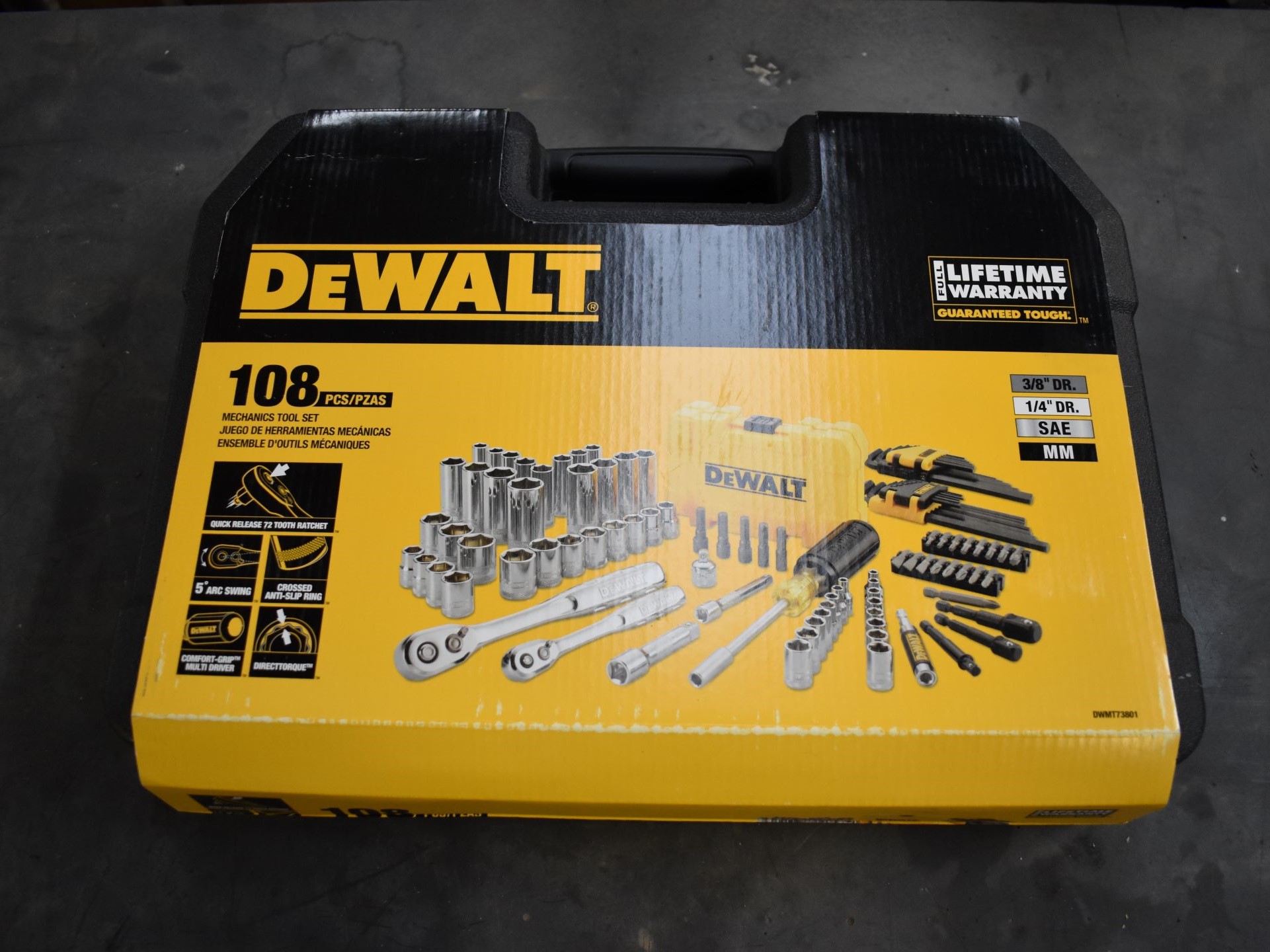 A closeup of DeWalt's packaging before opening.