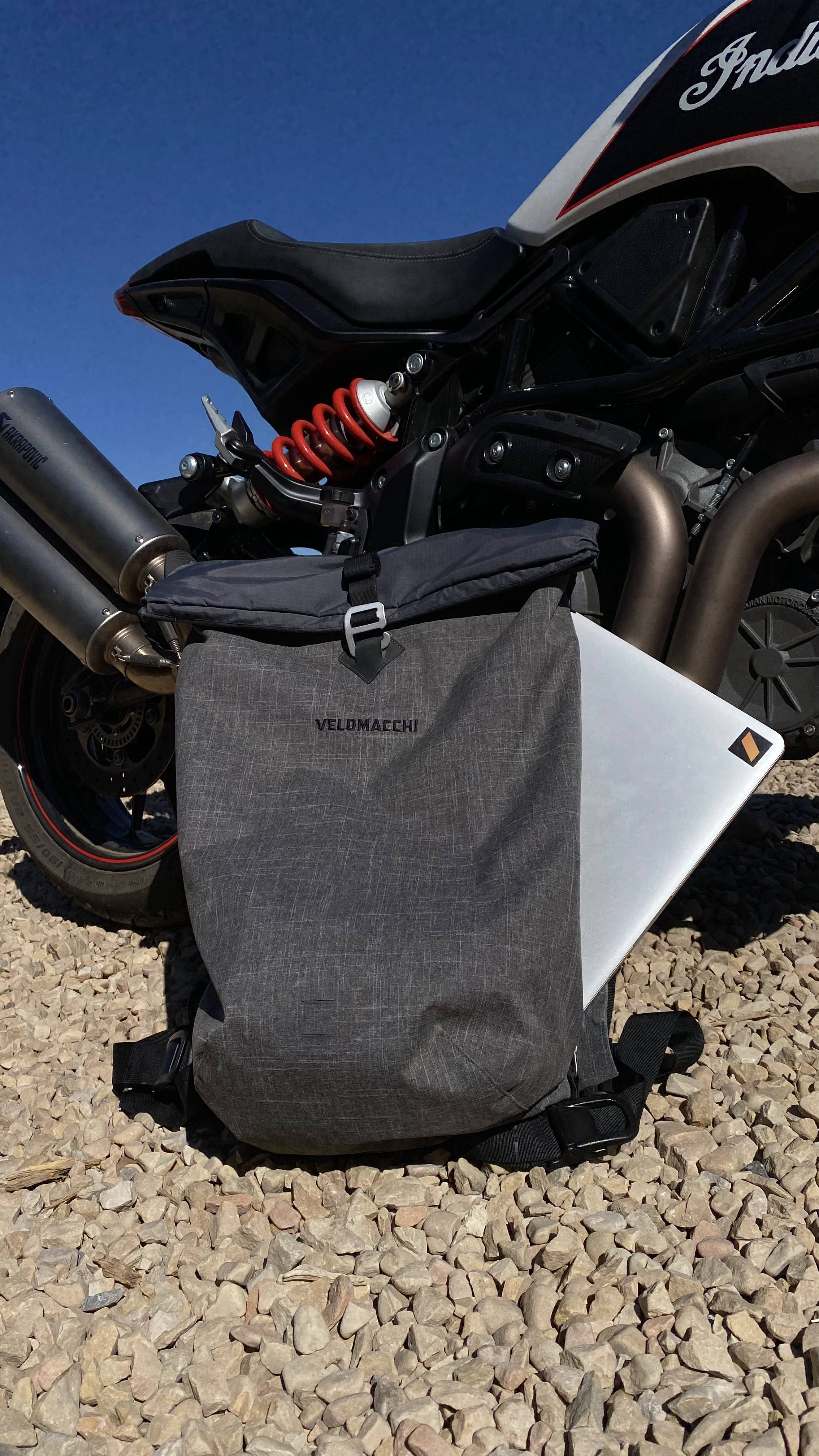 Velomacchi's Giro backpack against an Indian FTR1200.