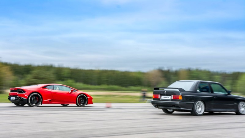 Watch a V-10 BMW M3 Smoke a Lamborghini Huracan LP580-2 In a Drag Race