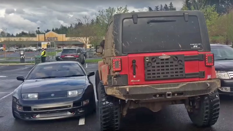 Jeep Wrangler Tries, Fails to Block In Badly Parked Nissan 300ZX