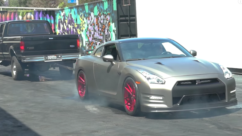 Watch This 800-HP Nissan GT-R Smoke its Tires While Chained to a Truck