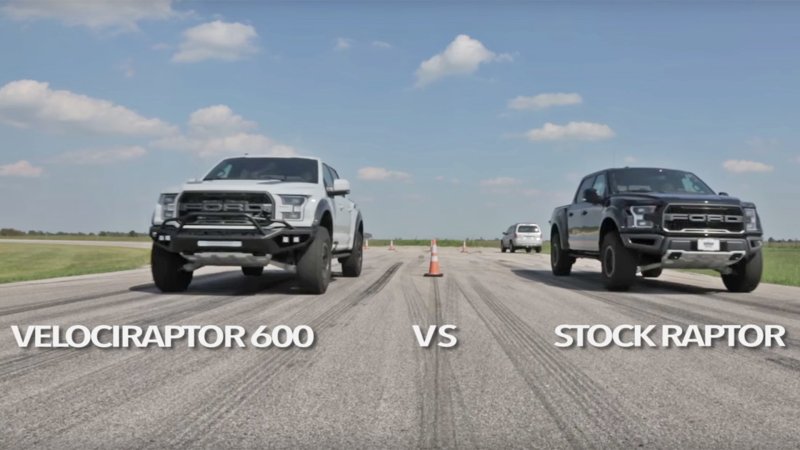 Watch Hennessey’s 600-HP VelociRaptor Battle a Stock 2017 F-150 Raptor in a Drag Race