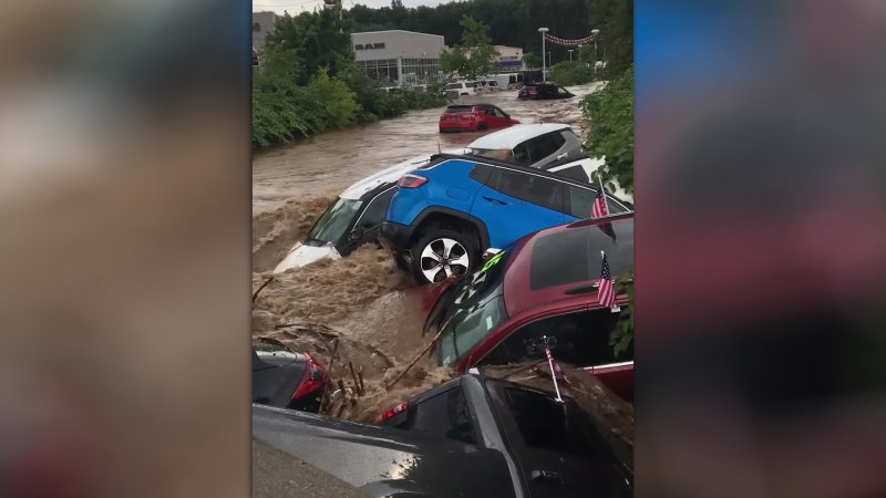 Flash Flood Carries 16 Brand New Jeeps and Rams Off Dealership Lot in New Jersey