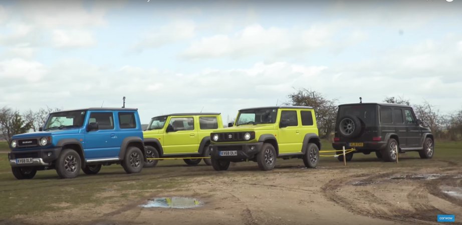 Watch a 2019 Mercedes-AMG G 63 Play Tug of War Against Three Suzuki Jimnys