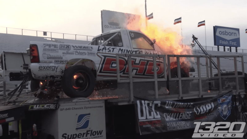 Watch a Diesel Chevrolet Silverado Pickup Truck Explode Into a Ball of Flames on the Dyno