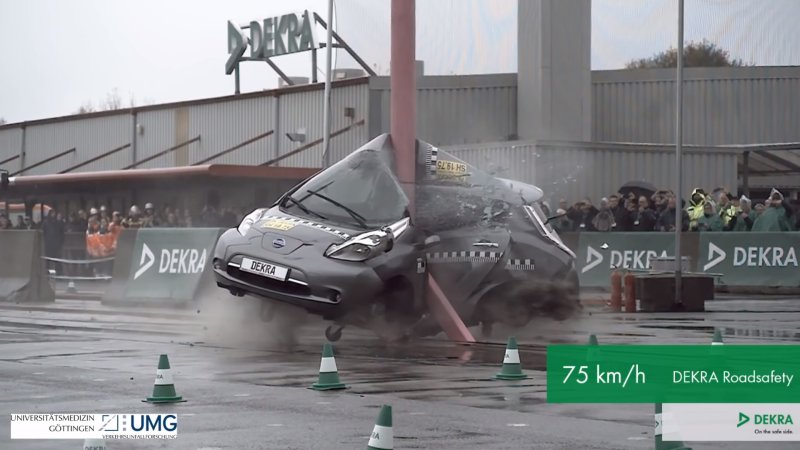 Watching This Nissan Leaf Get Hurled Into a Pole at Speed Will Make You Flinch