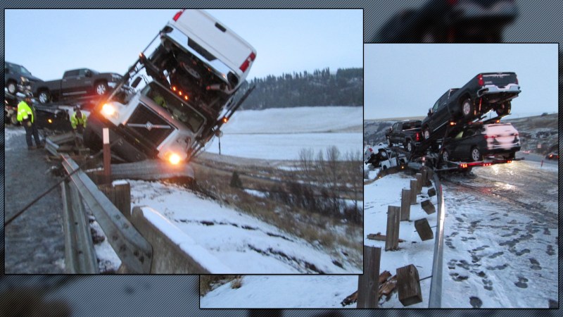 Truck Carrying New Chevrolet Silverados Left Dangling on Edge of Cliff After Crash