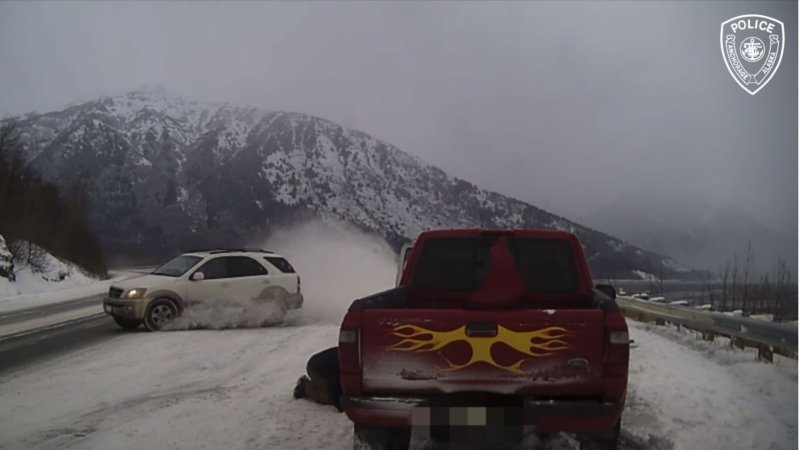 Watch a Kia SUV Come Within Inches of Hitting Roadside Worker on Snowy Alaska Highway