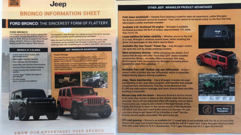 Jeep Dealers’ Wrangler vs Bronco ‘Fact Sheet’ Confirms Ford Is Making Them Pretty Nervous