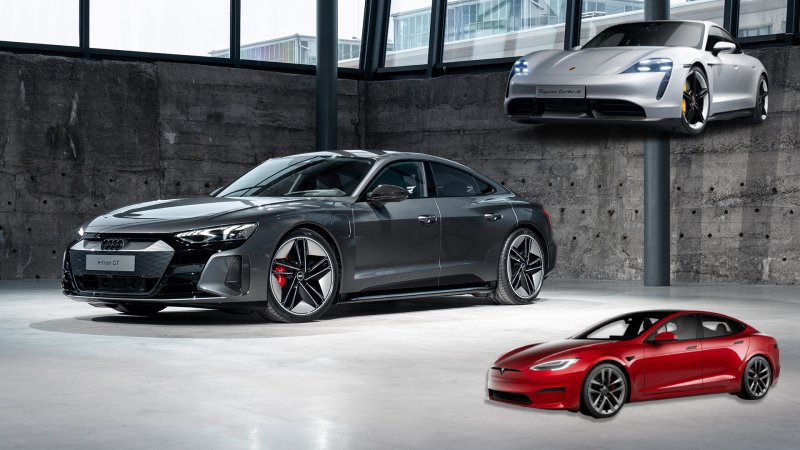 The 2022 Audi RS E-Tron GT Compared to the Porsche Taycan Turbo S and Tesla Model S Plaid+