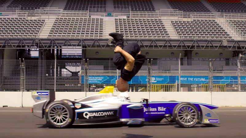 Insane Person Backflips Over a Speeding Formula E Race Car