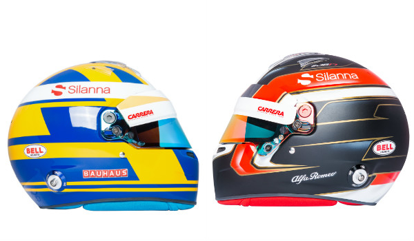 Helmets of Marcus Ericsson of Sweden (left), Charles Leclerc of Monaco (right)